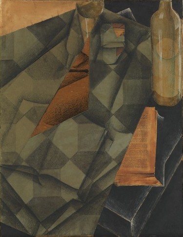 cubist artwork by Juan Gris showing a book and a glass and the figure of a man in a suit